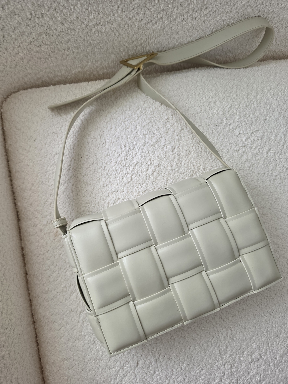 Woven Cassette Cream Neutral Shoulder Bag With Triangle Buckle